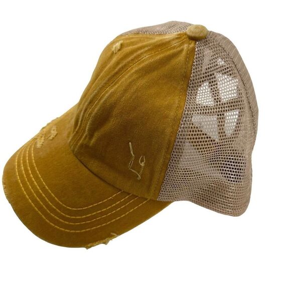 High Ponytail Baseball Cap CC Exclusives Marigold Yellow Distressed Womens OS - Picture 6 of 10